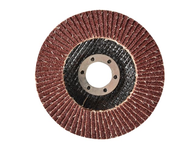 Flap disc with brown abrasive material on a white background