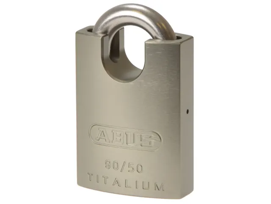 Metallic padlock with 'Abus' branding on a white background