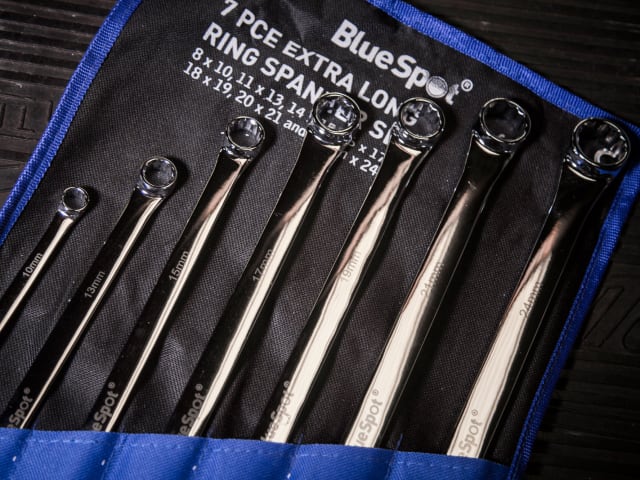 Set of ring spanners in a BlueSpot branded case on a dark surface
