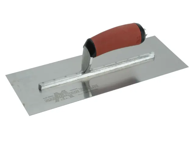 Metal trowel with red handle on a white background