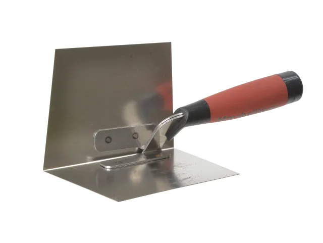 Metal trowel with a red and black handle on a white background