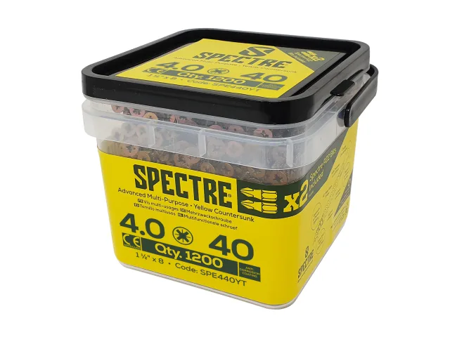 Yellow Spectre container with black lid on a white background