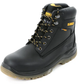 Black work boot with yellow accents on a white background