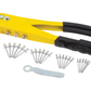 Yellow and black stapler with additional staples and a white tool on a white background