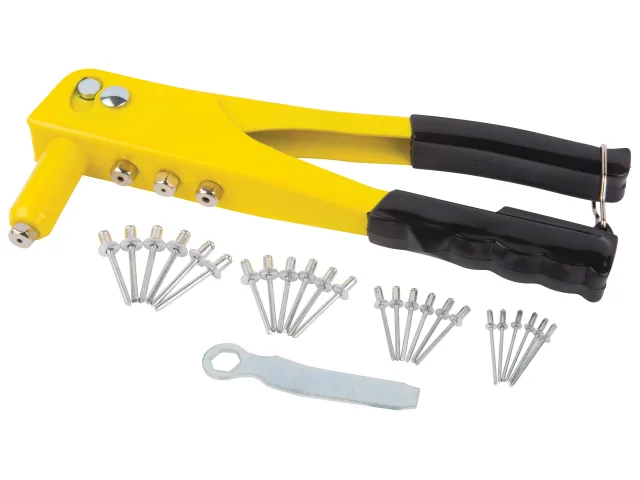 Yellow and black stapler with additional staples and a white tool on a white background