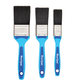 Three paint brushes with blue handles and black bristles on a white background