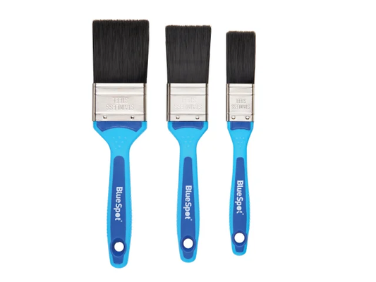 Three paint brushes with blue handles and black bristles on a white background