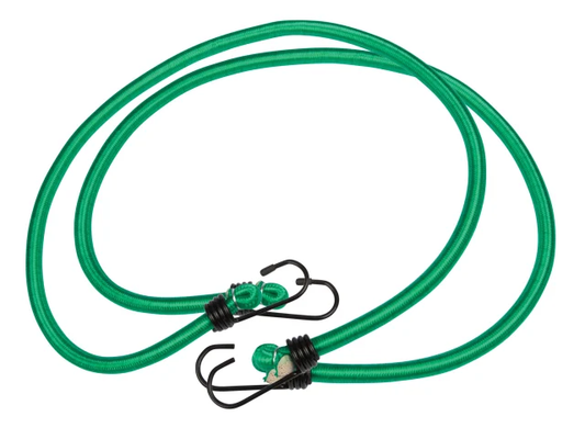 Green bungee cord with metal hooks on a white background