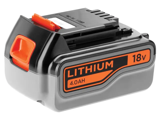 Lithium-ion battery pack with 18V and 4.0Ah specifications on a white background