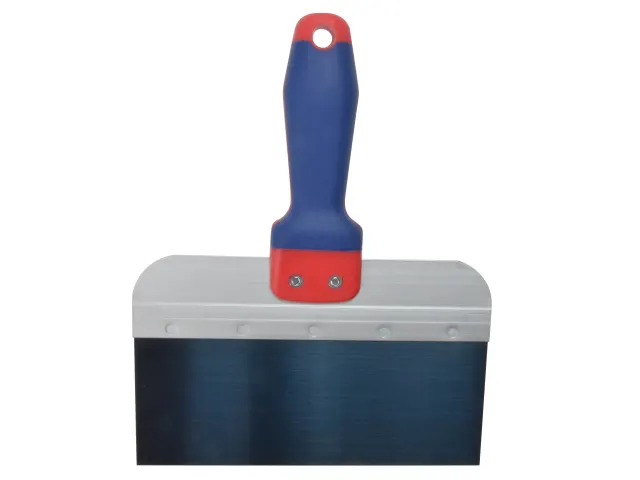 Metal trowel with blue handle on a white background
