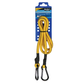 Yellow extension cord with carabiner on a blue packaging background