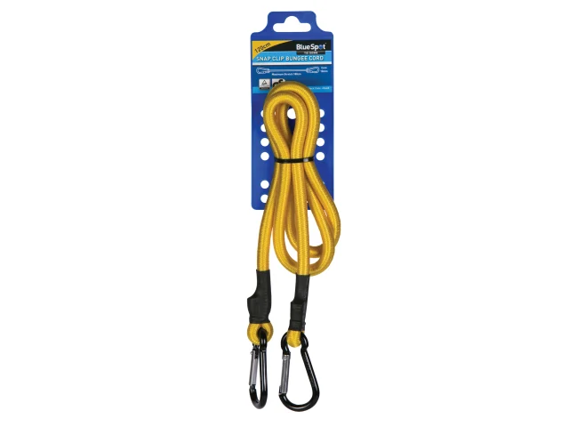 Yellow extension cord with carabiner on a blue packaging background