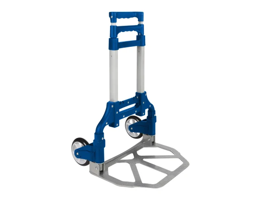 Hand truck with blue handle and wheels on a white background