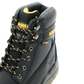 Black DeWalt work boot with yellow accents on a white background