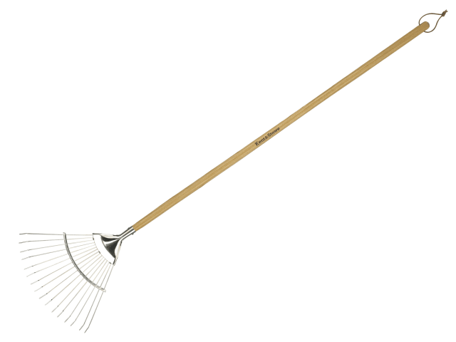 Gardening rake with wooden handle on a white background