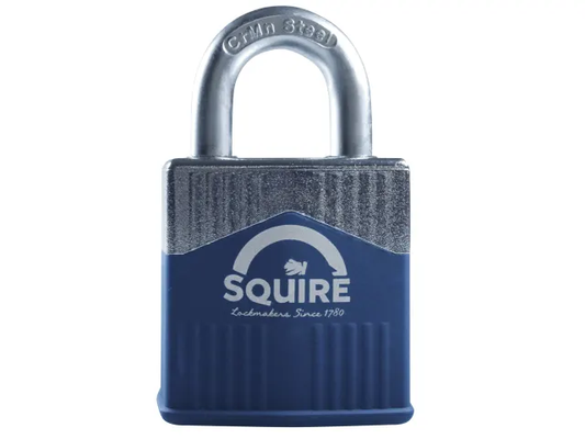 Blue padlock with silver shackle on a white background, featuring the Squire brand.