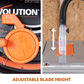 Adjustable blade height feature of a circular saw with packaging and close-up on a wooden background.