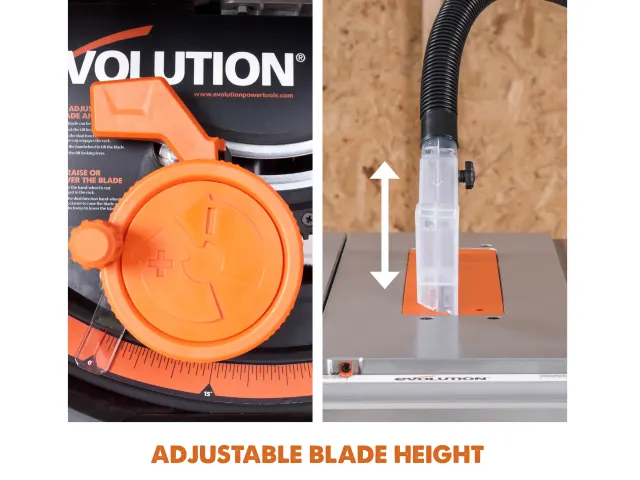Adjustable blade height feature of a circular saw with packaging and close-up on a wooden background.