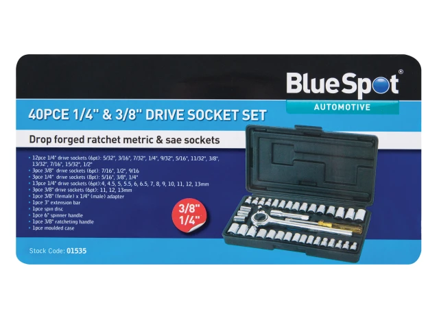 BlueSpot 40-piece 1/4" and 3/8" drive socket set packaging on a white background