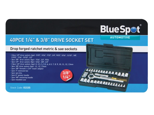 BlueSpot 40-piece 1/4" and 3/8" drive socket set packaging on a white background