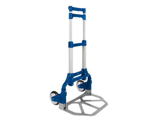 Blue and silver hand truck on a white background