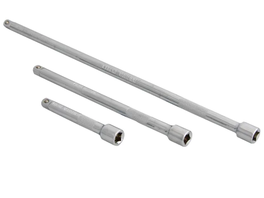 Three metal drill bits of different lengths on a white background