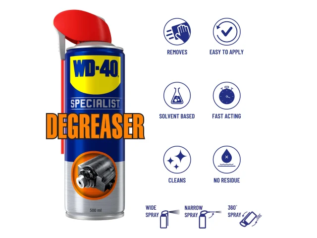 WD-40 Specialist Degreaser spray can with features listed on a white background