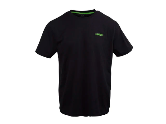 Black t-shirt with a logo on the chest against a white background