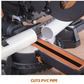 Pipe cutter cutting PVC pipe with visible brand name on a white background