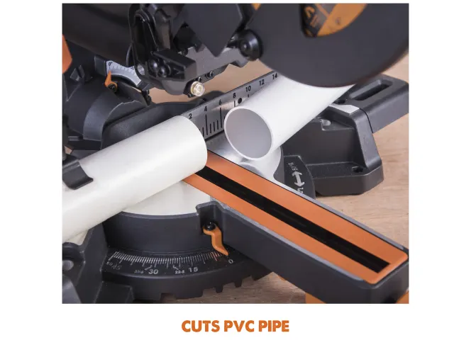Pipe cutter cutting PVC pipe with visible brand name on a white background