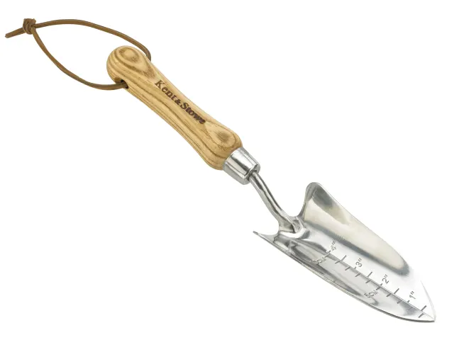 Gardening trowel with wooden handle on a white background