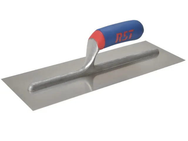 Metal trowel with blue and red handle on a white background