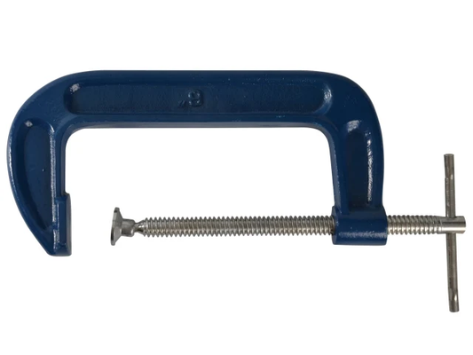 Blue C-clamp on a white background