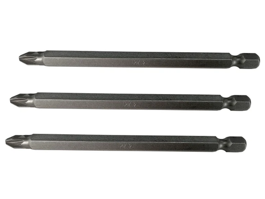 Three black drill bits of different lengths on a white background