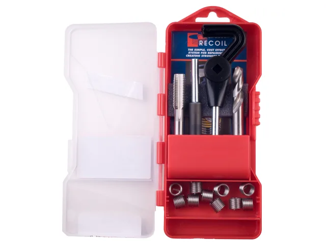 Red tool kit with drill bits and accessories on a white background