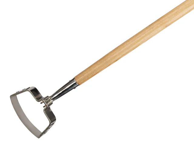 Gardening tool with wooden handle and metal head on a white background