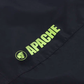 Black jacket with 'Apache' logo in green on a dark background
