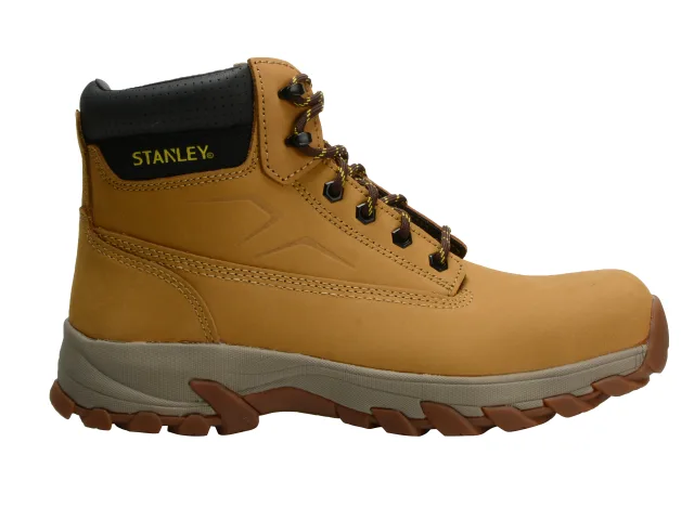 Yellow work boot with black top and 'Stanley' branding on a white background