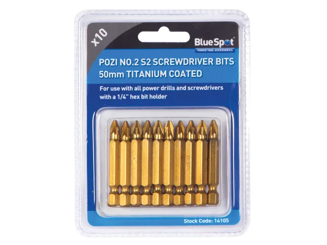 Pack of BlueSpot screwdriver bits with packaging on a white background