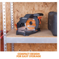 Circular saw on a shelf with storage rack in the background, labeled 'Compact Design for Easy Storage'.