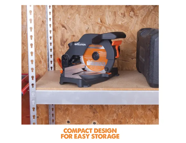 Circular saw on a shelf with storage rack in the background, labeled 'Compact Design for Easy Storage'.