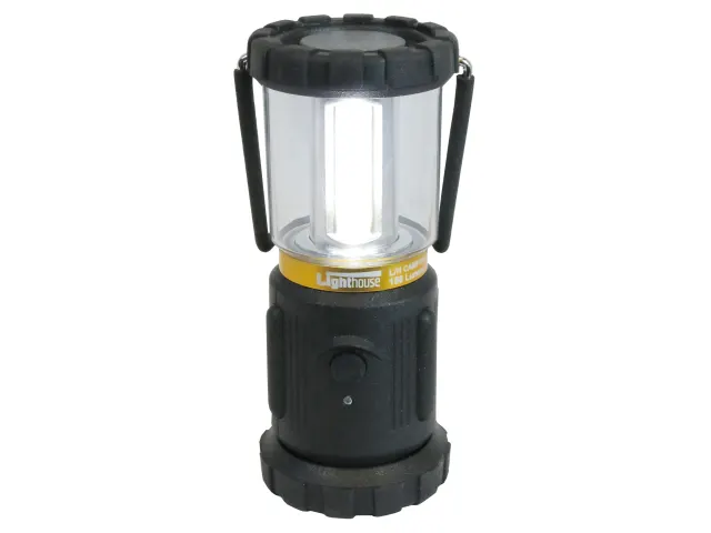 Black camping lantern with clear cover on a white background
