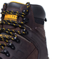 Brown work boot with yellow laces and visible 'DeWalt' branding on a white background
