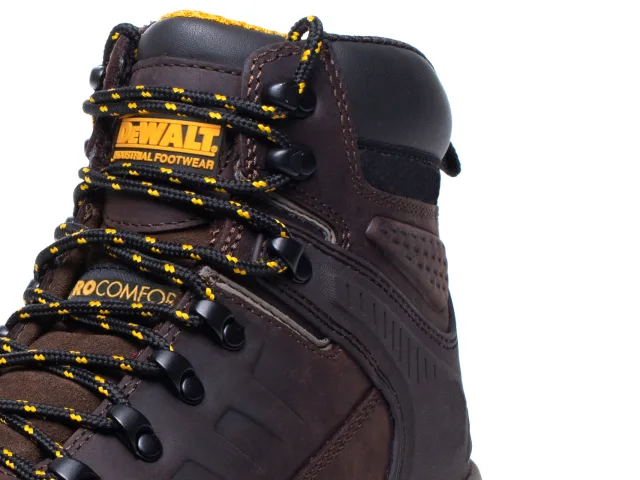Brown work boot with yellow laces and visible 'DeWalt' branding on a white background