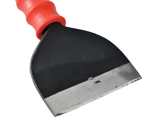 Black putty knife with red handle on a white background