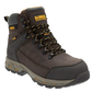 Brown work boot with black sole on a white background