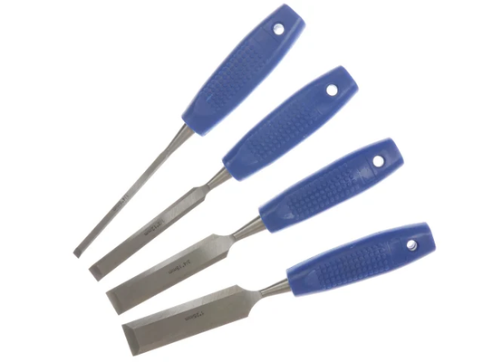 Set of four chisels with blue handles on a white background