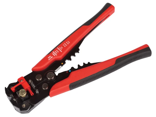 Red and black wire stripper on a white background
