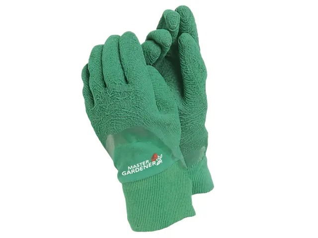 Pair of green gardening gloves with a visible brand logo on a white background