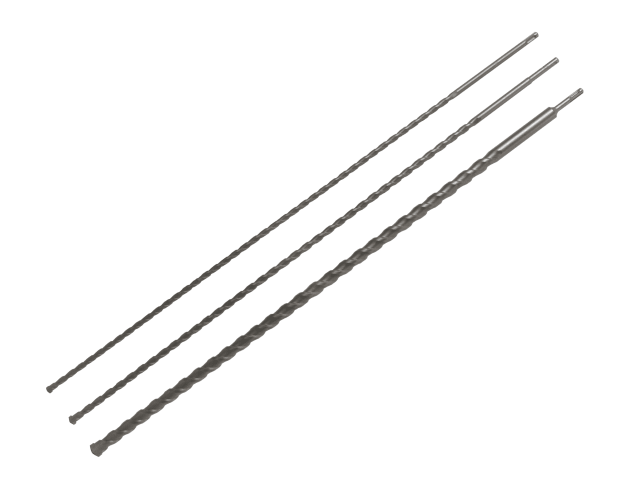 Three drill bits of different sizes on a white background